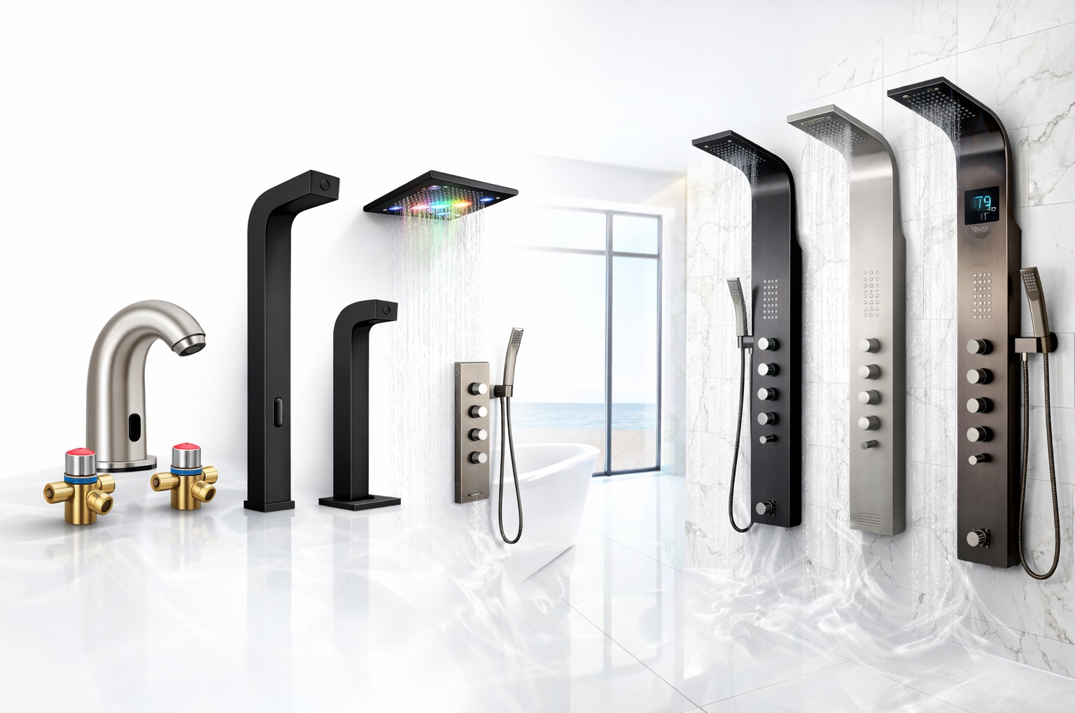 Modern bathroom fixtures with ocean view